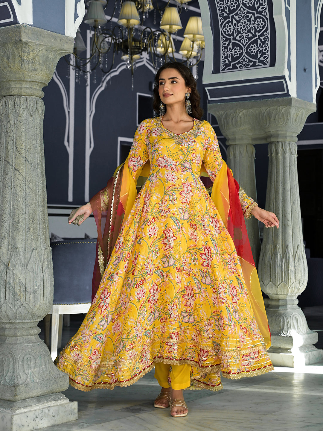 Divena Yellow Floral Printed Anarkali Muslin Kurta Trouser with Dupatta Set