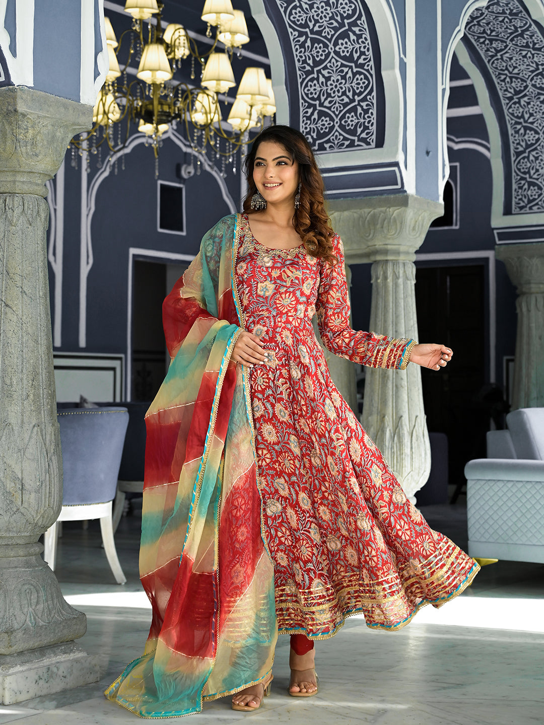 Divena Red Floral Printed Anarkali Muslin Kurta Trouser with Dupatta Set