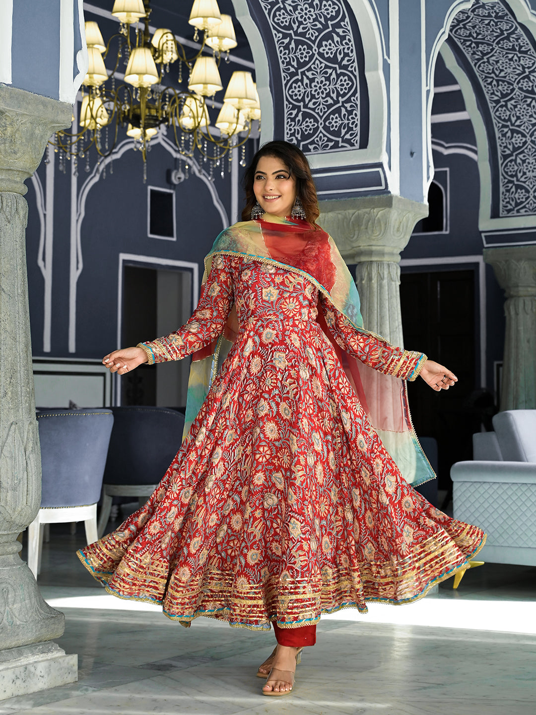 Red Floral Printed Anarkali Muslin Kurta Trouser with Dupatta Set — view 1
