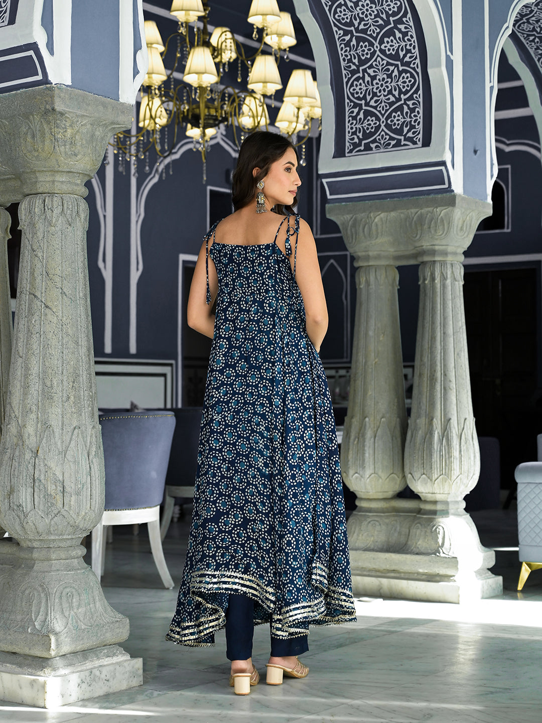 Divena Blue Printed Anarkali Muslin Shoulder Stripe Kurta Trouser with Dupatta Set