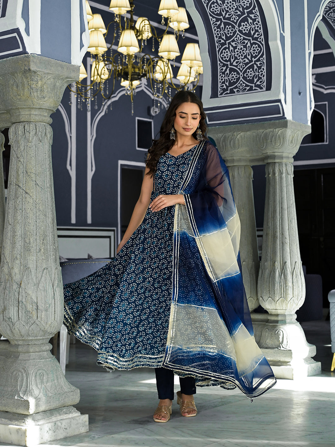 Blue Printed Anarkali Muslin Shoulder Stripe Kurta Trouser with Dupatta Set — view 1