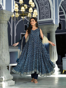 Divena Blue Printed Anarkali Muslin Shoulder Stripe Kurta Trouser with Dupatta Set