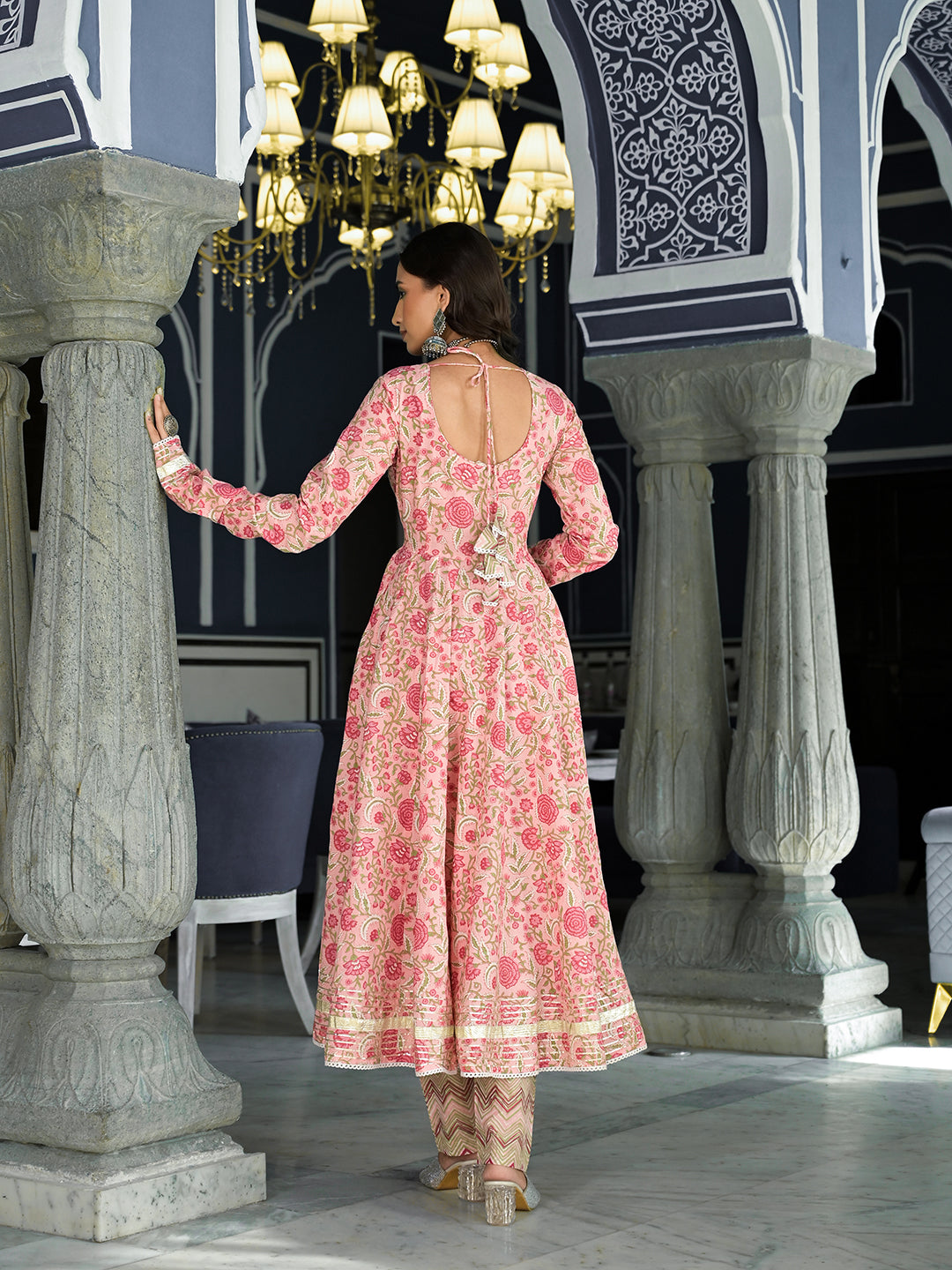 Divena Pink Floral Printed Anarkali Kurta Trouser with Dupatta Set
