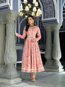 Divena Pink Floral Printed Anarkali Kurta Trouser with Dupatta Set