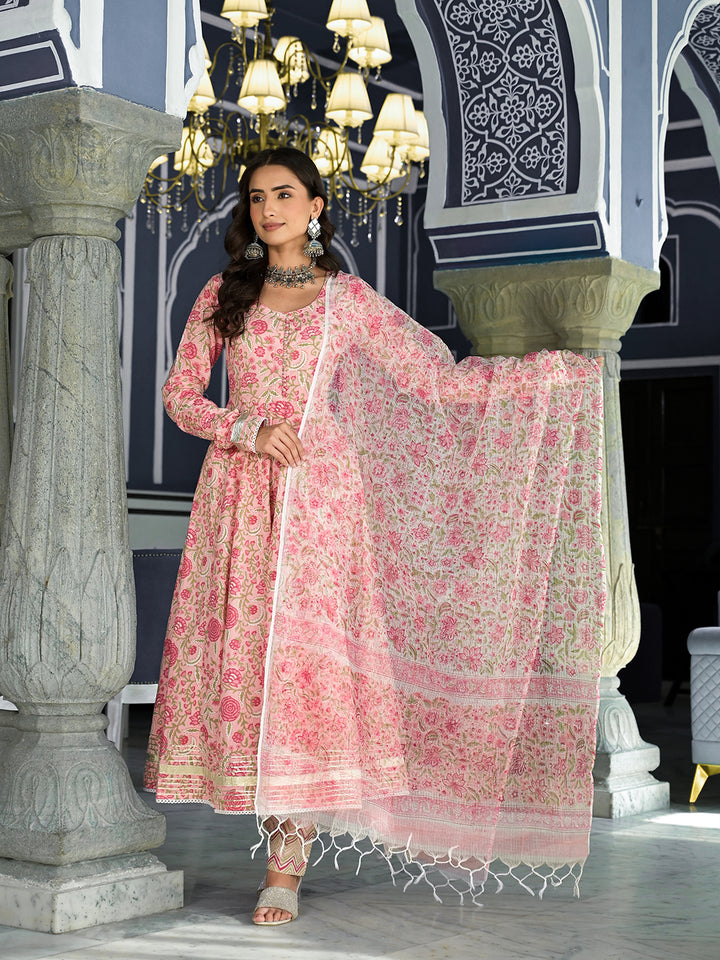 Divena Pink Floral Printed Anarkali Kurta Trouser with Dupatta Set