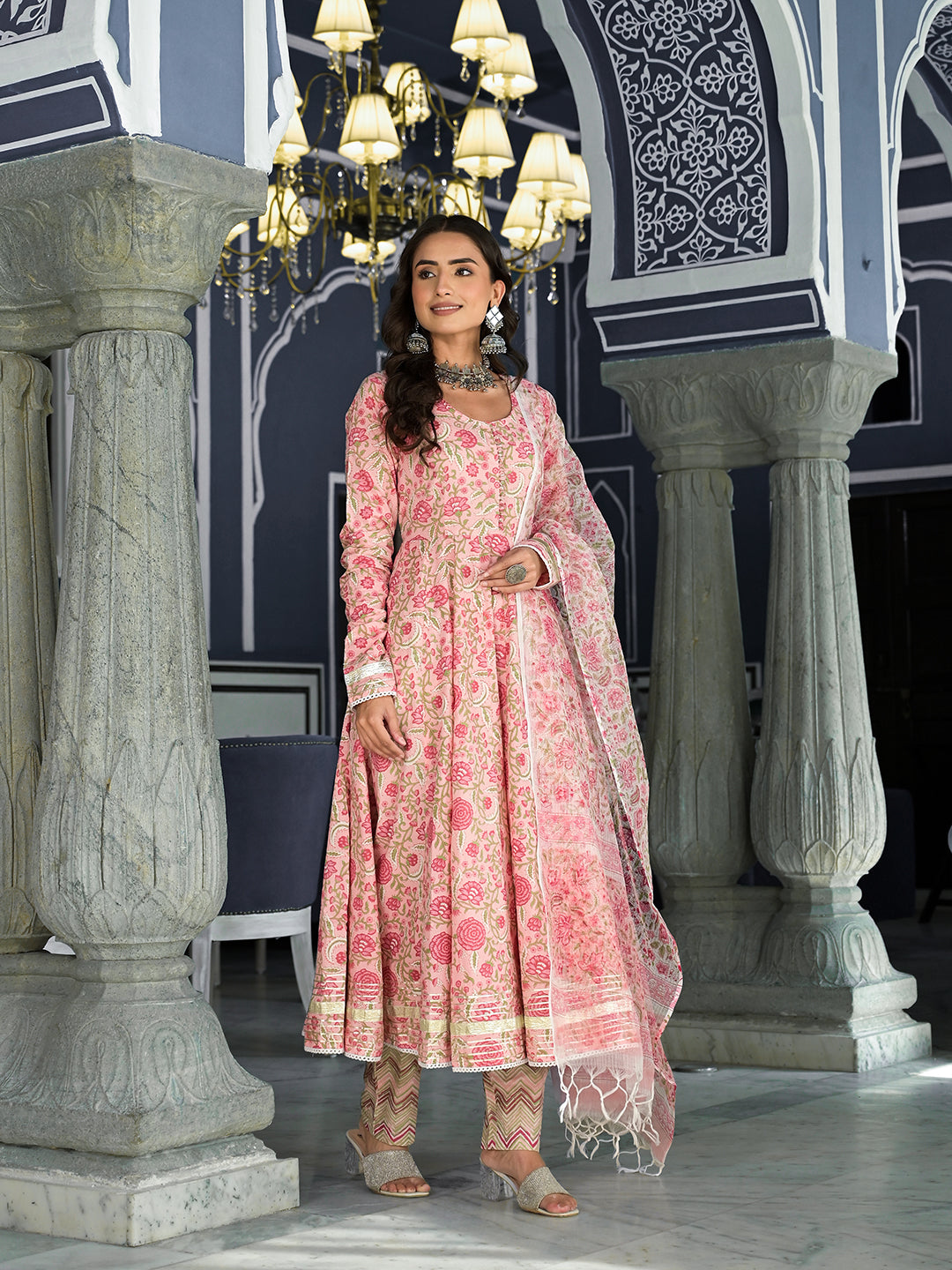 Pink Floral Printed Anarkali Kurta Trouser with Dupatta Set — view 1