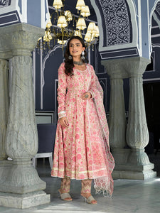 Divena Pink Floral Hand Block Printed Anarkali Kurta Trouser with Dupatta Set