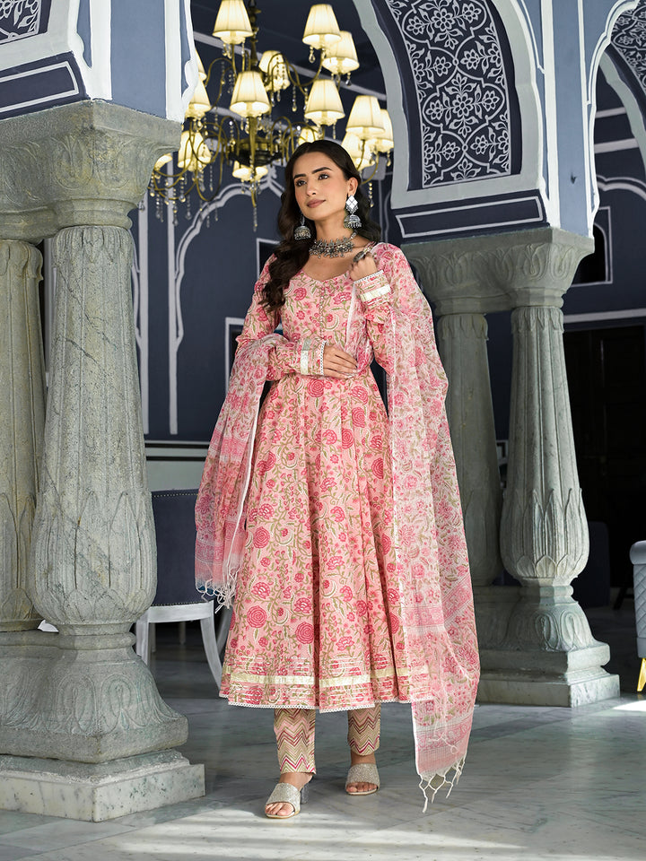 Divena Pink Floral Printed Anarkali Kurta Trouser with Dupatta Set
