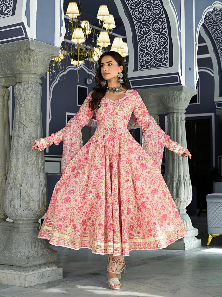 Divena Pink Floral Printed Anarkali Kurta Trouser with Dupatta Set