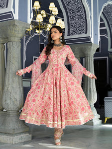 Divena Pink Floral Hand Block Printed Anarkali Kurta Trouser with Dupatta Set