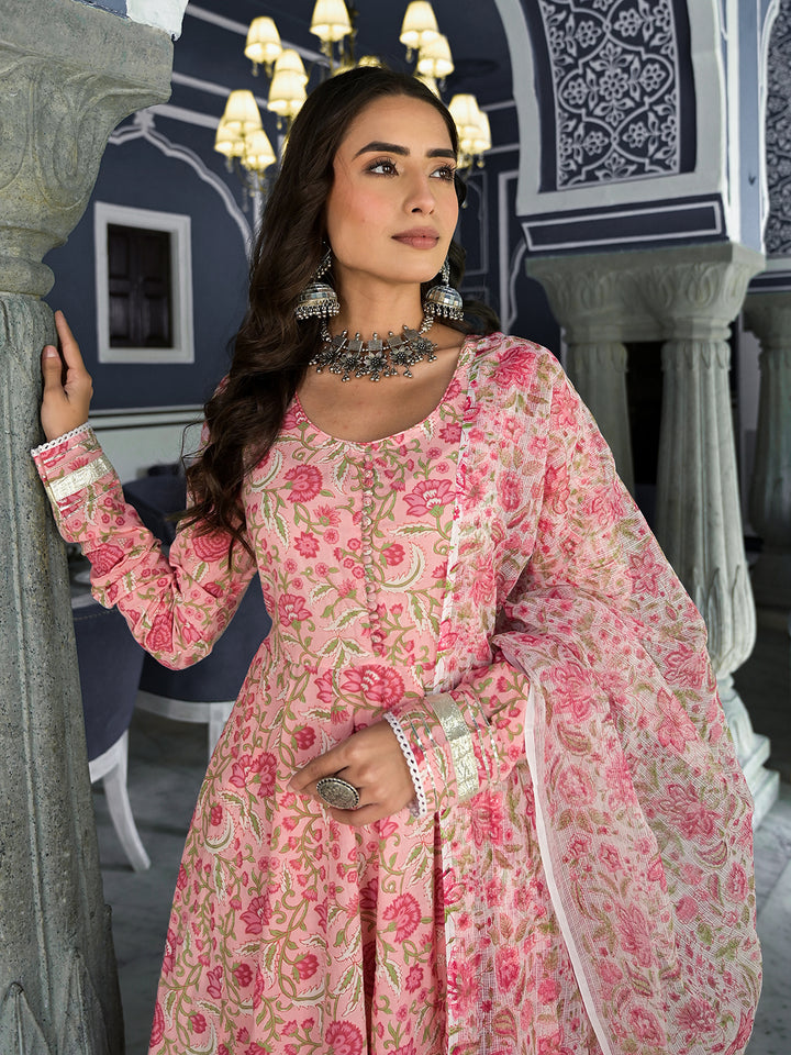 Divena Pink Floral Printed Anarkali Kurta Trouser with Dupatta Set