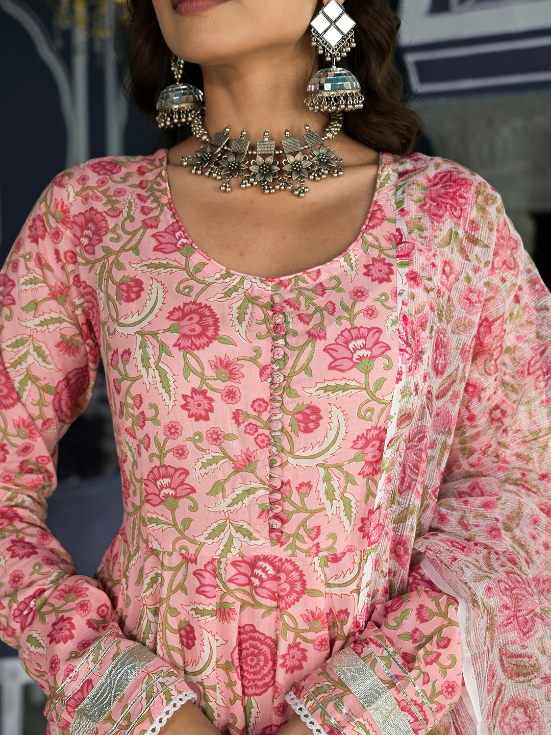 Divena Pink Floral Printed Anarkali Kurta Trouser with Dupatta Set