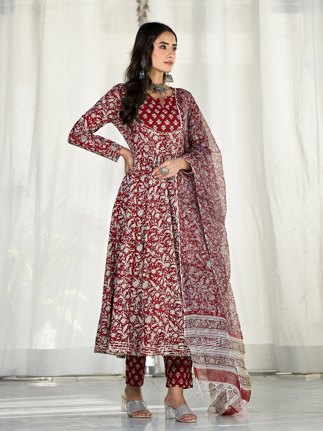 Divena Maroon Floral Printed Anarkali Cotton Kurta Trouser with Dupatta Set
