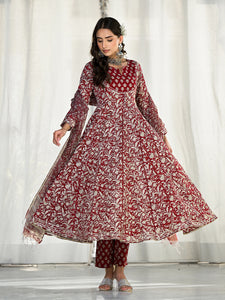 Divena Maroon Floral Printed Anarkali Cotton Kurta Trouser with Dupatta Set