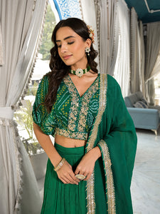 Green Bandhani Print Chinon Fabric Lehenga Crop top with Dupatta Set