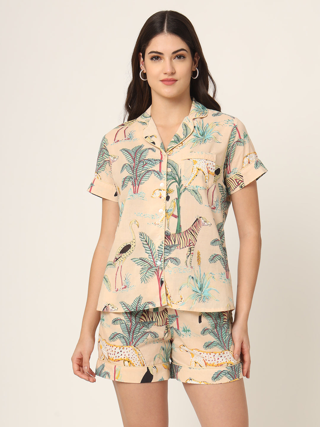 Cream Floral Print Pure Cotton Regular Night Suit — view 1