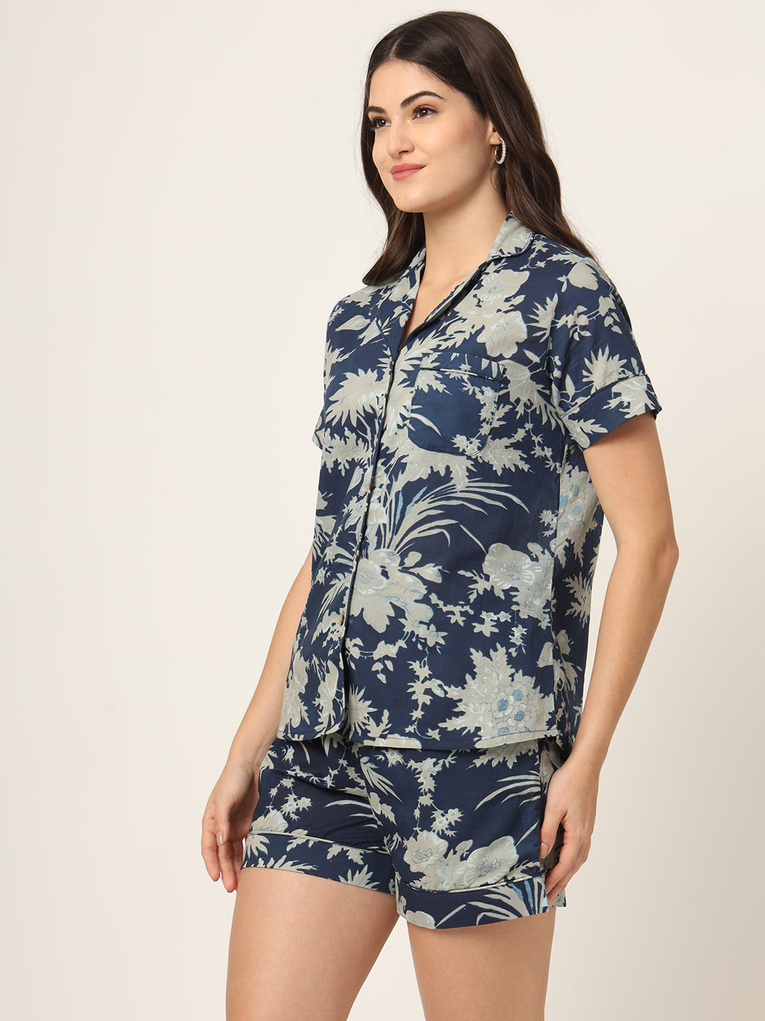 Divena Navy Blue Printed Pure Cotton Regular Night Suit