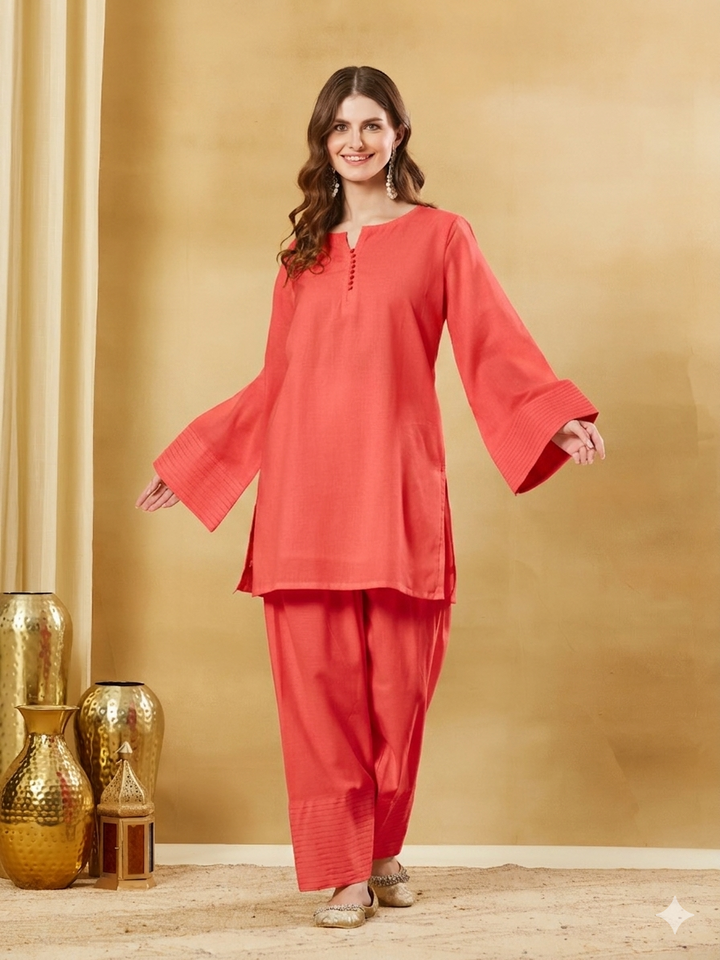 Divena Coral Red Solid Cotton Farshi Salwar Suit Set