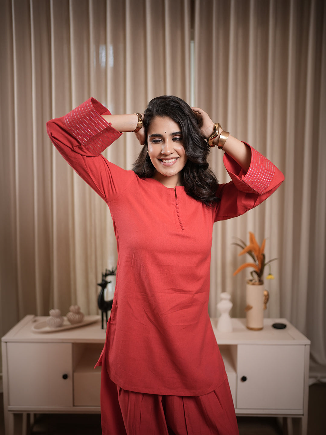 Divena Coral Red Solid Cotton Farshi Salwar Suit Set