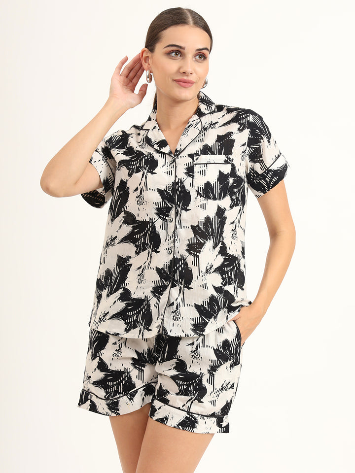 Divena Black & White Asymetric Print Pure Cotton Regular Night Suit