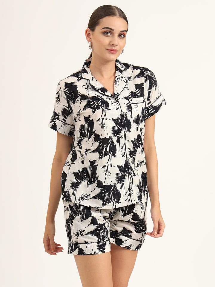 Divena Black & White Asymetric Print Pure Cotton Regular Night Suit