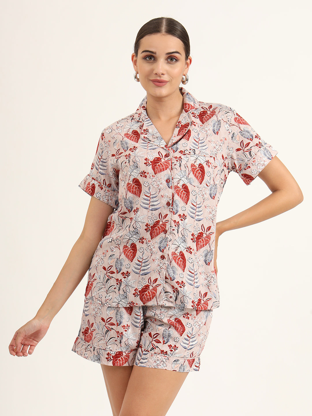 Multicolour Floral Print Rayon Regular Short Night Suit — view 1