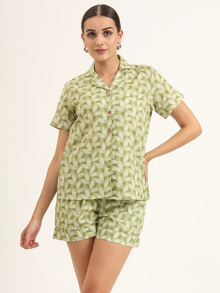 Divena Green Printed Pure Cotton Night Suit