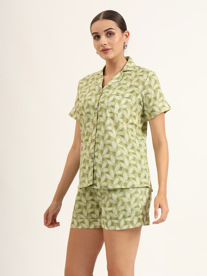 Divena Green Printed Pure Cotton Night Suit