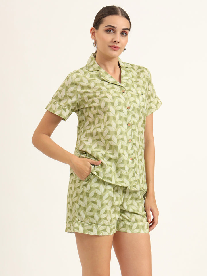 Divena Green Printed Pure Cotton Night Suit