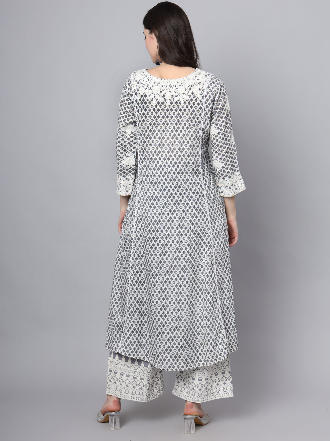 Divena White Blue Motif Print Rayon Kurta Palazzo Sets for Women