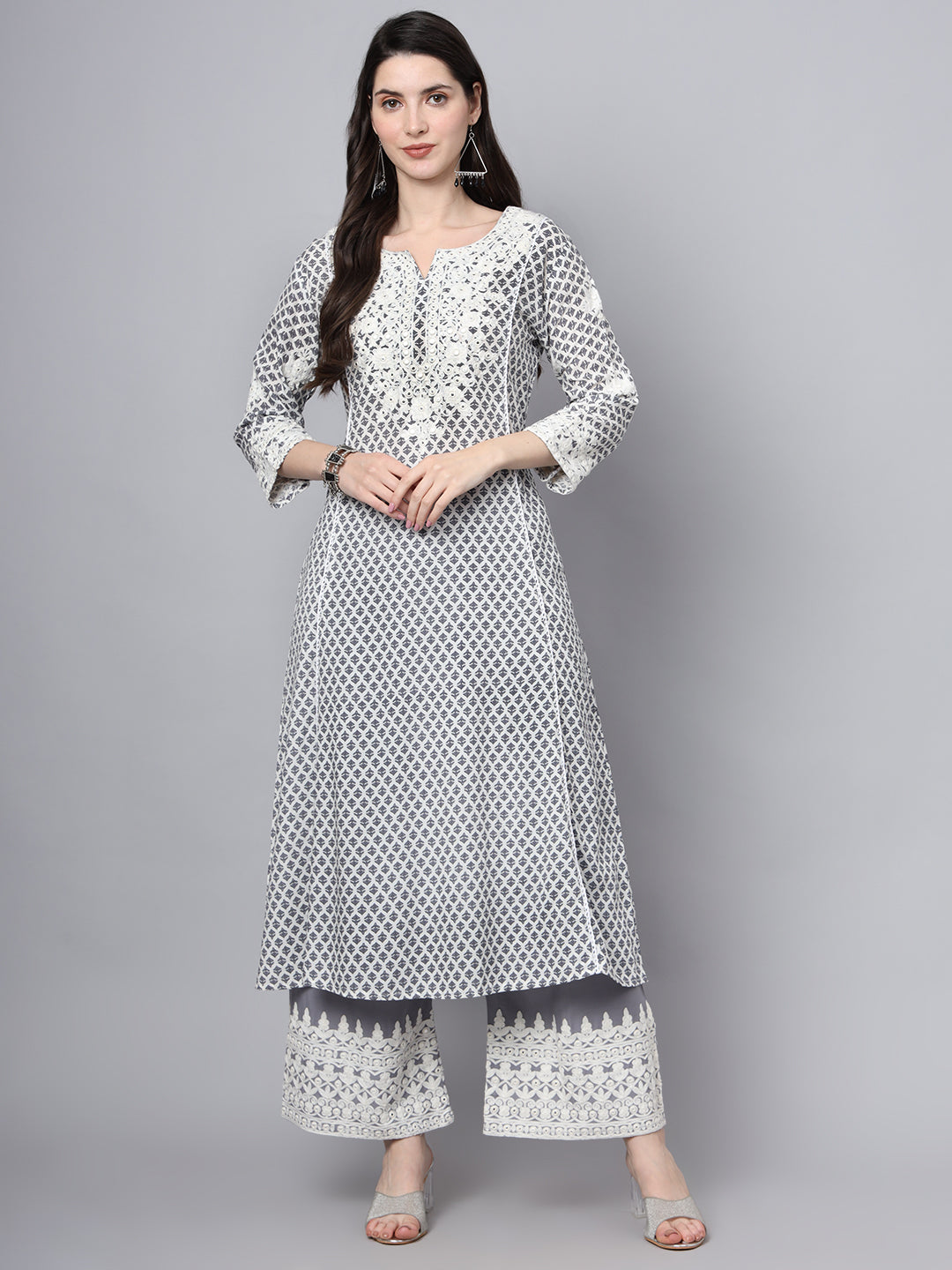 White Blue Motif Print Rayon Kurta Palazzo Sets for Women — view 1