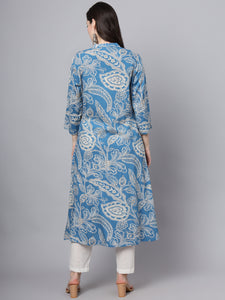 Divena Blue Rayon Printed-A-Line Kurta