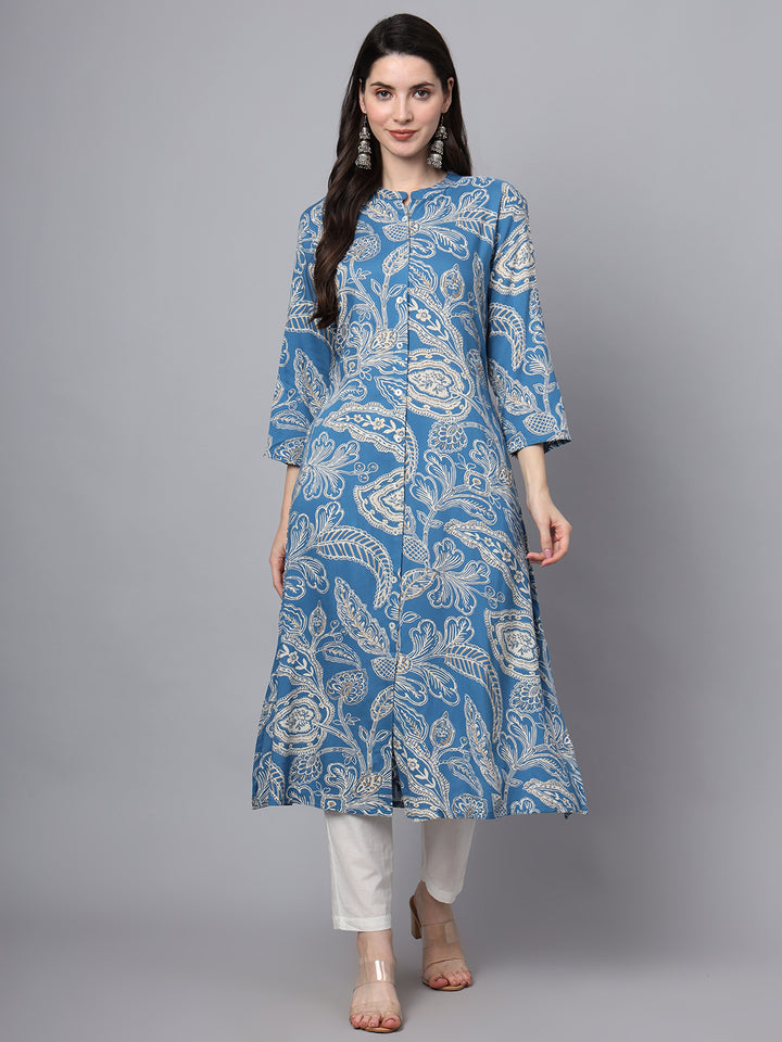 Divena Blue Rayon Printed-A-Line Kurta