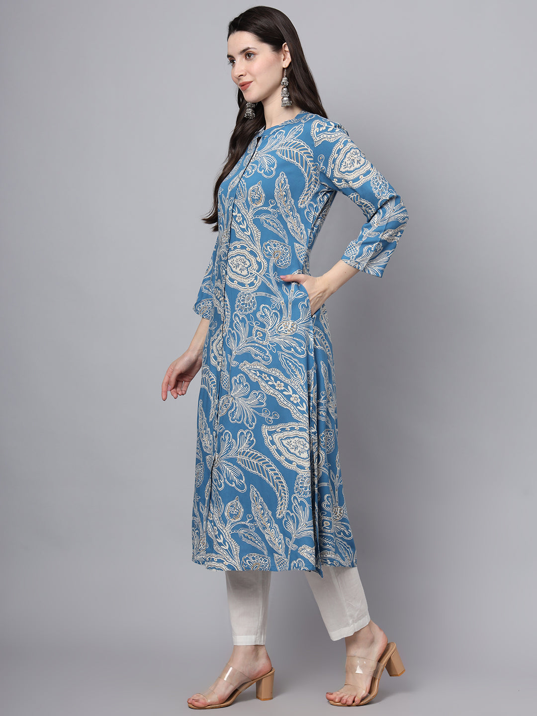 Divena Blue Rayon Printed-A-Line Kurta