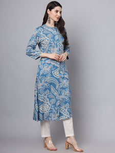 Divena Blue Rayon Printed-A-Line Kurta