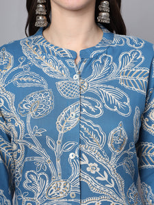 Divena Blue Rayon Printed-A-Line Kurta