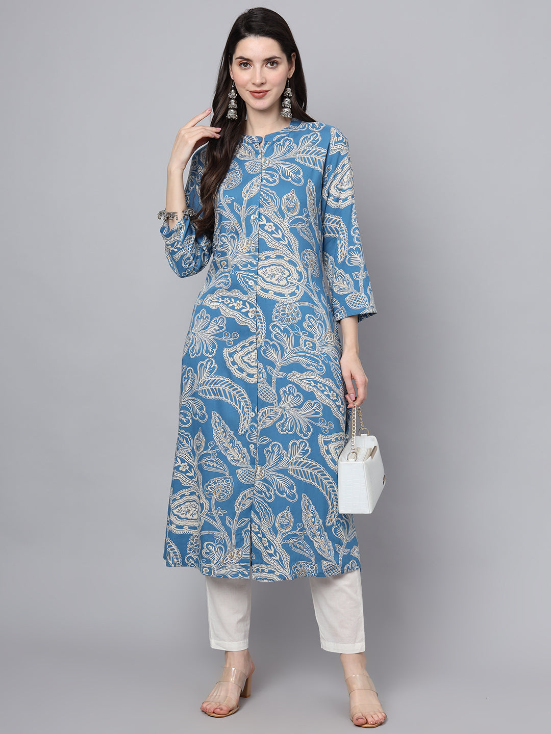 Divena Blue Rayon Printed-A-Line Kurta