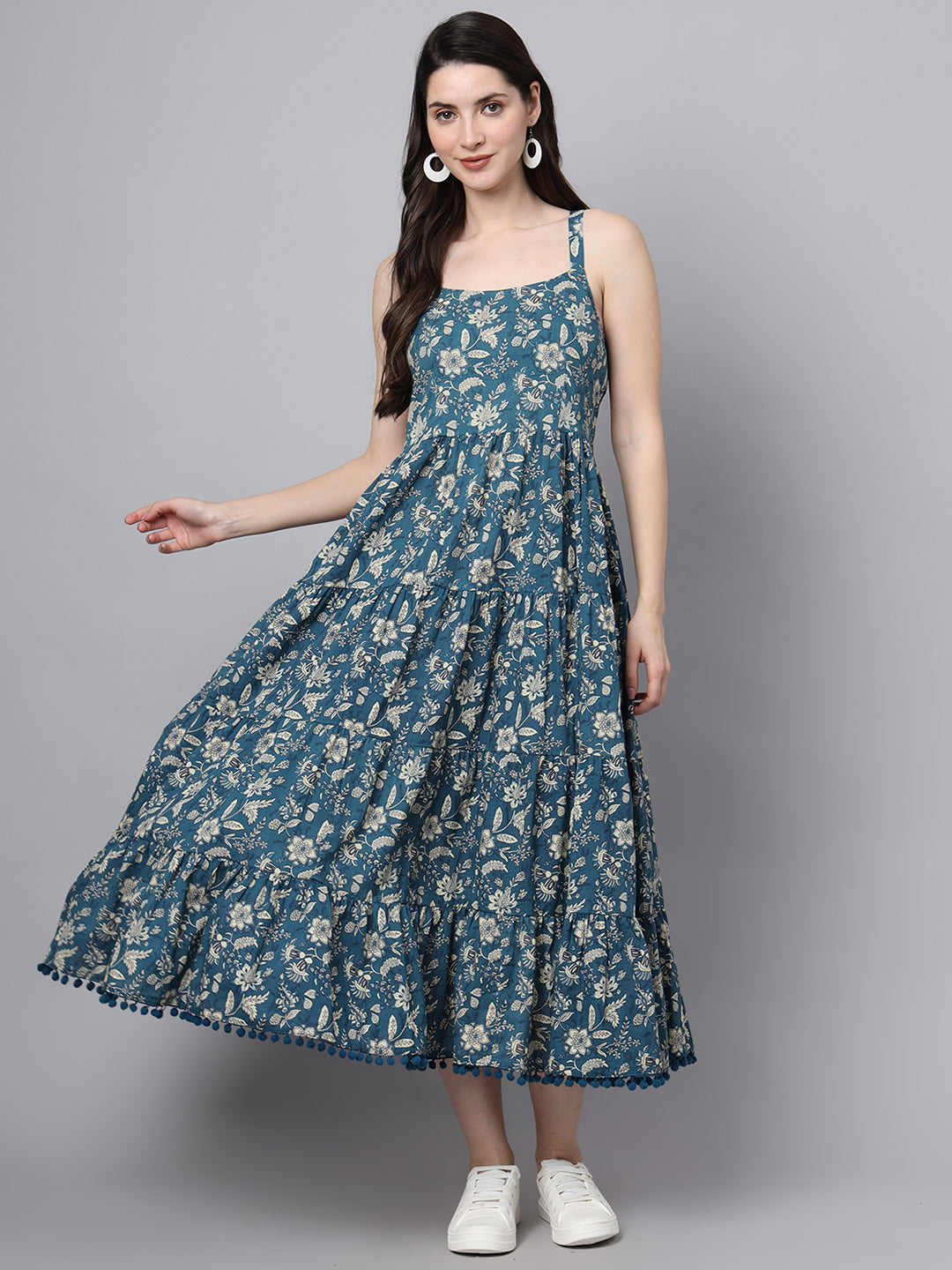 Divena Floral Printed Shoulder Straps Cotton Flared Dress