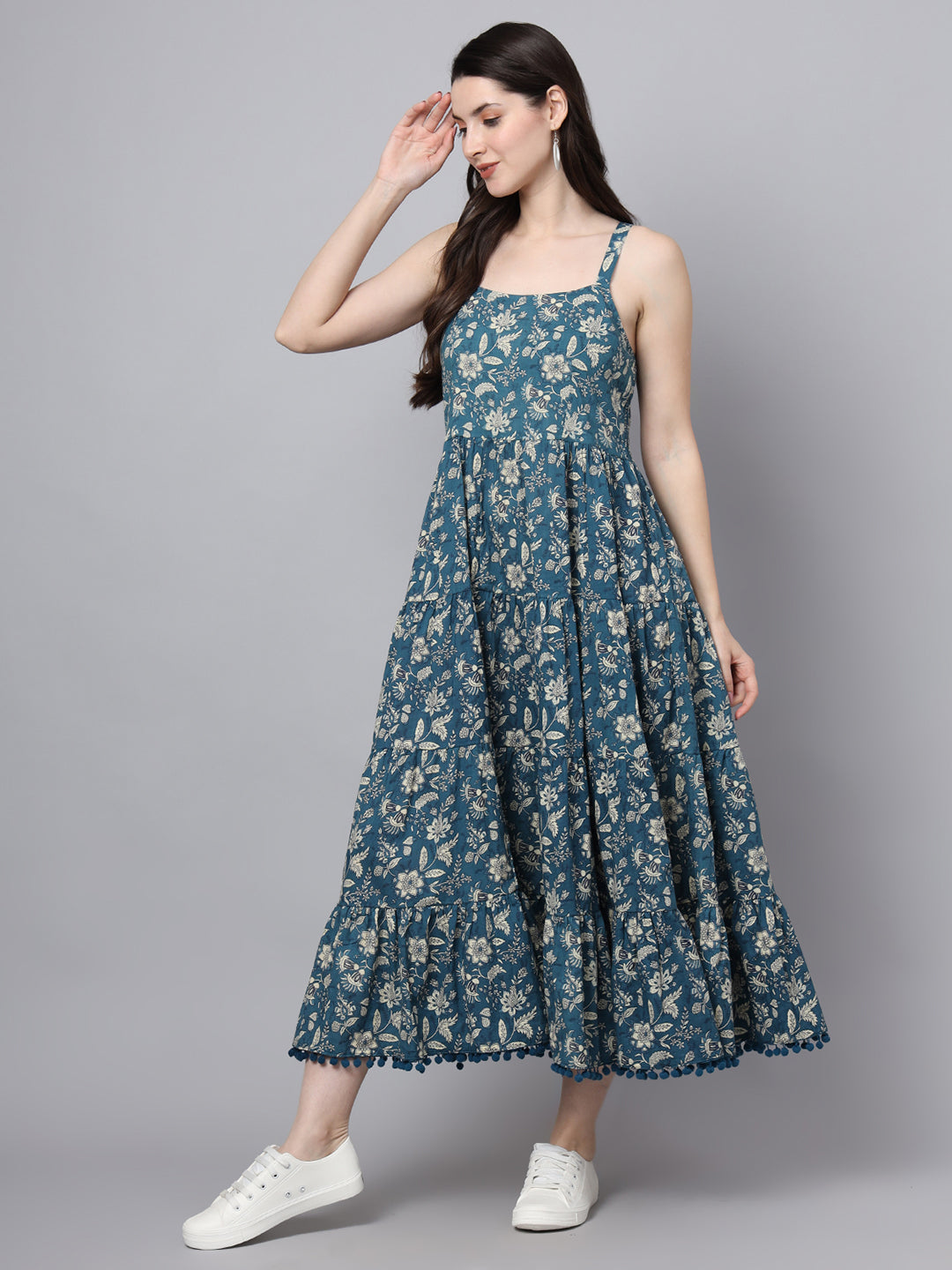 Divena Floral Printed Shoulder Straps Cotton Flared Dress