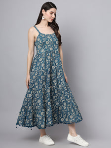 Divena Floral Printed Shoulder Straps Cotton Flared Dress