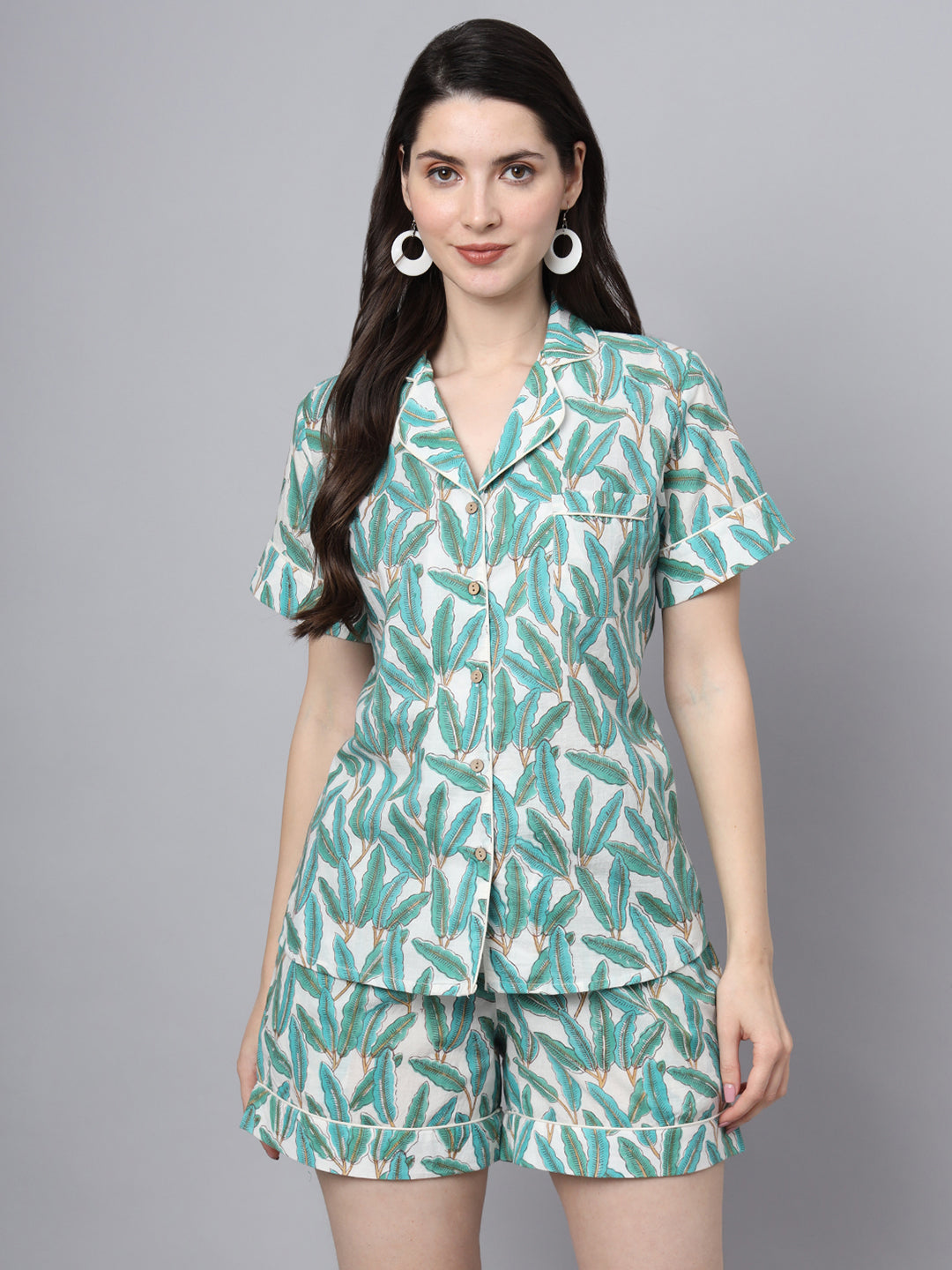 Handblock Print Green Cotton Night Suit — view 1