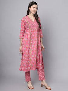 Divena Pink Cotton Printed Sequin Work Kurta Set