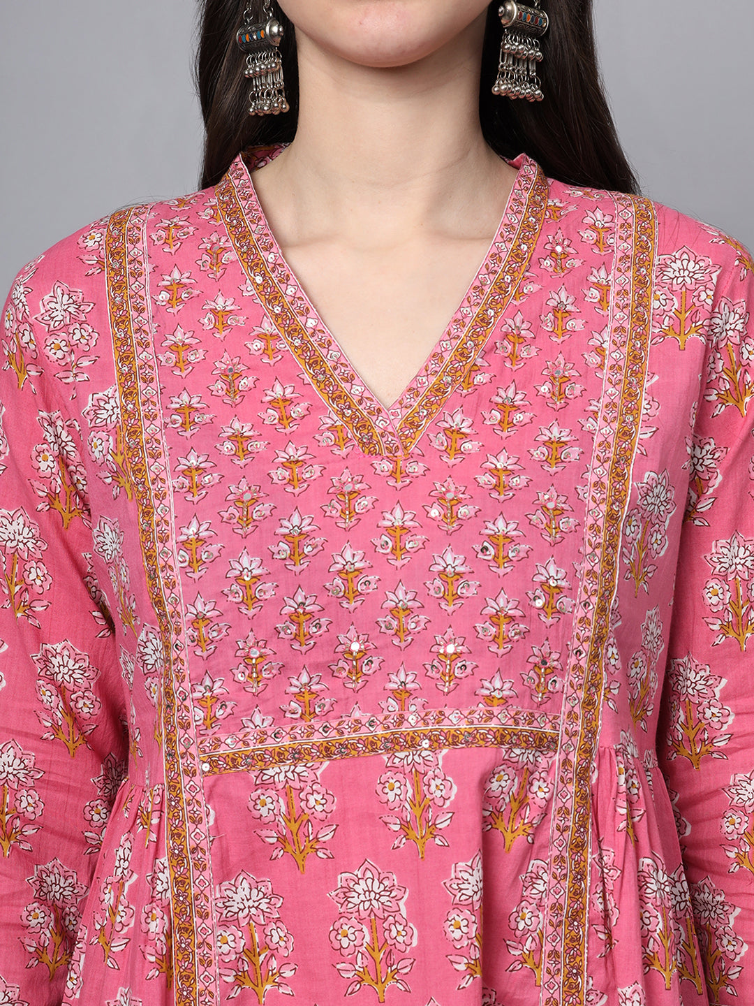 Divena Pink Cotton Printed Sequin Work Kurta Set