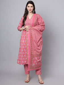 Divena Pink Cotton Printed Sequin Work Kurta Set