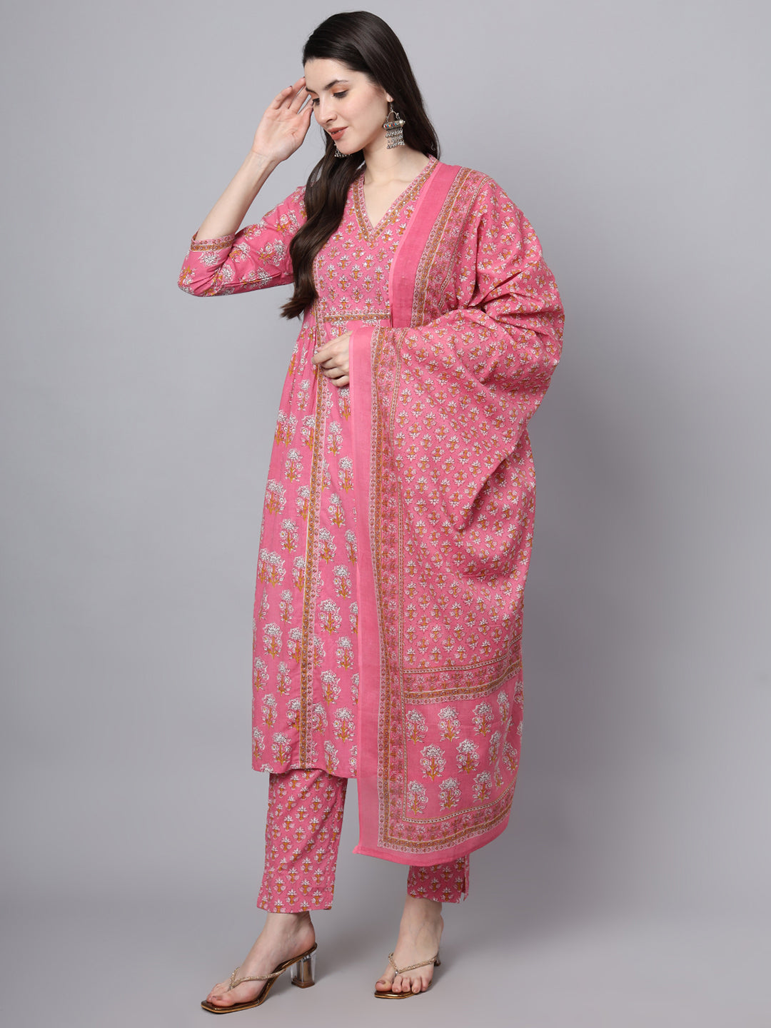 Divena Pink Cotton Printed Sequin Work Kurta Set