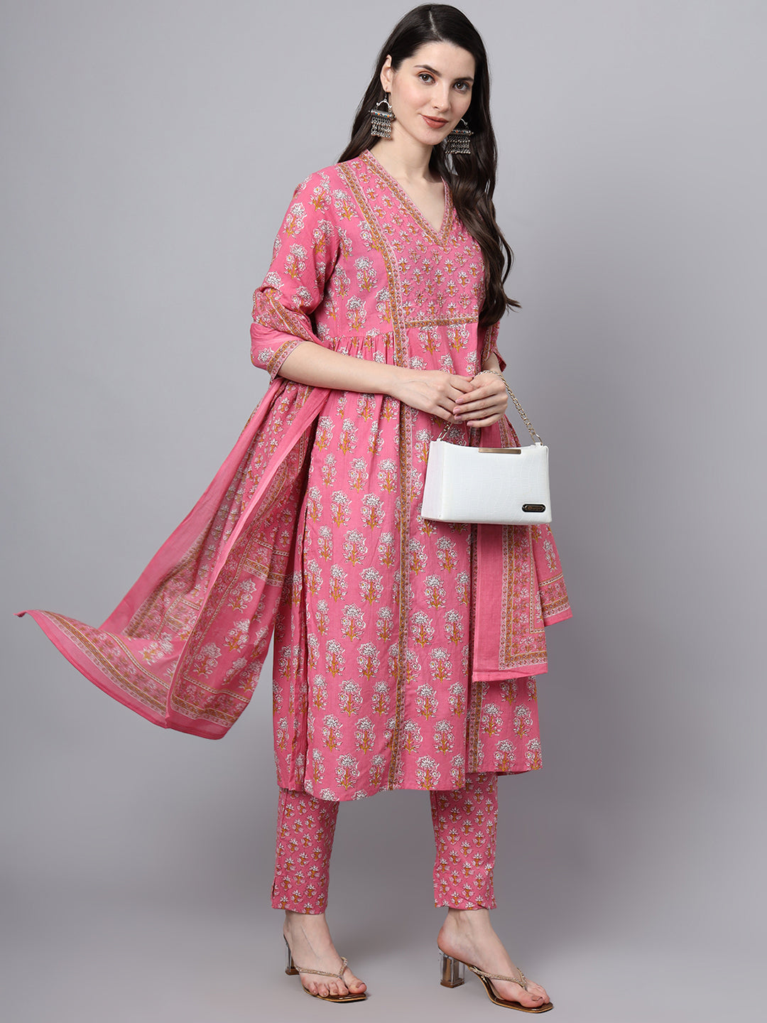 Pink Cotton Printed Sequin Work Kurta Set — view 1