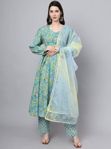 Divena Floral Printed Sky Blue Cotton Anarkali Kurta Pant Dupatta Set