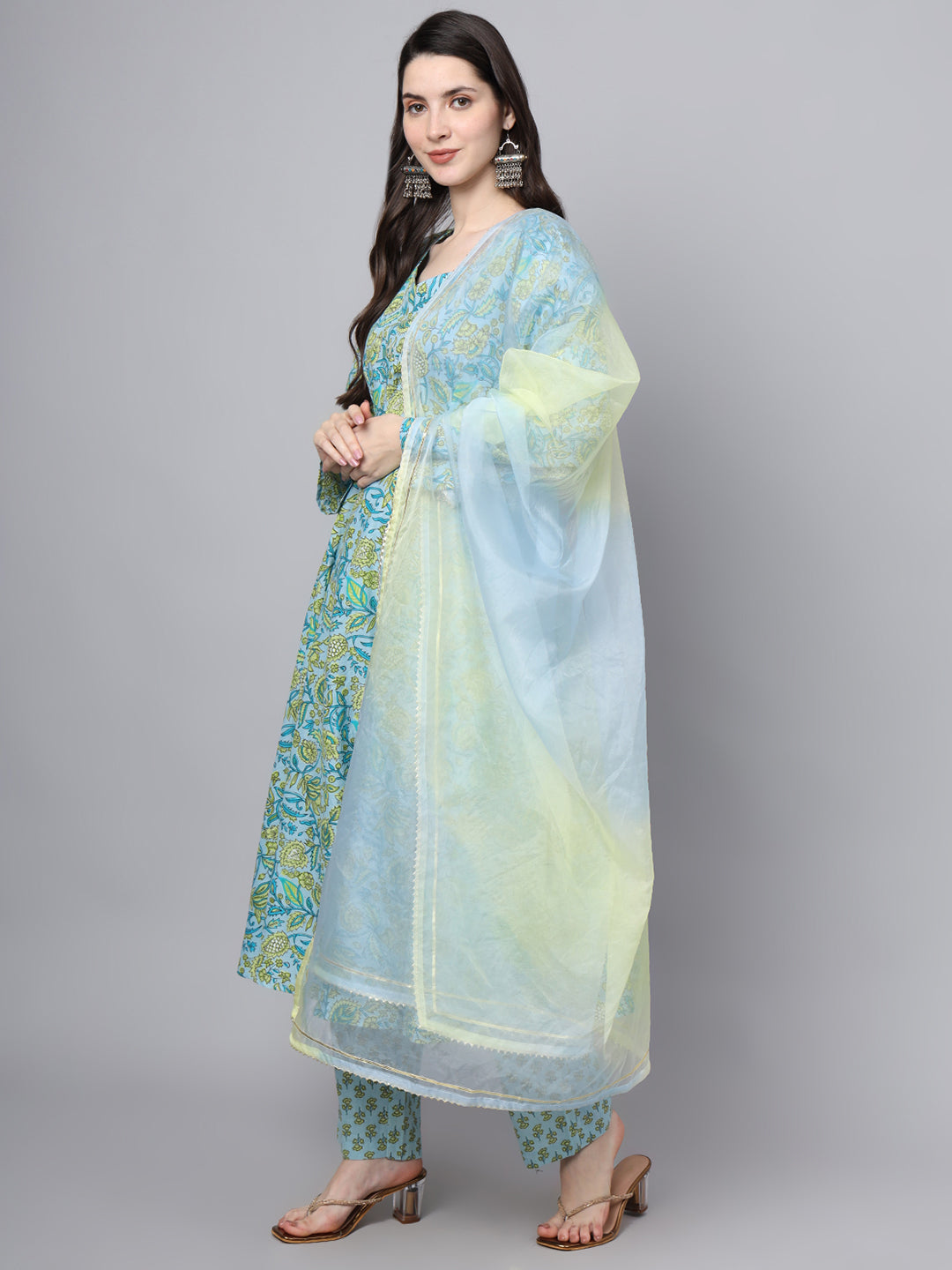 Divena Floral Printed Sky Blue Cotton Anarkali Kurta Pant Dupatta Set