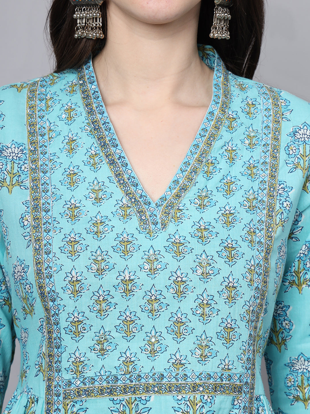 Divena Sky Blue Cotton Printed Sequin Kurta Set