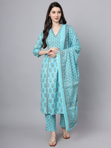 Divena Sky Blue Cotton Printed Sequin Kurta Set